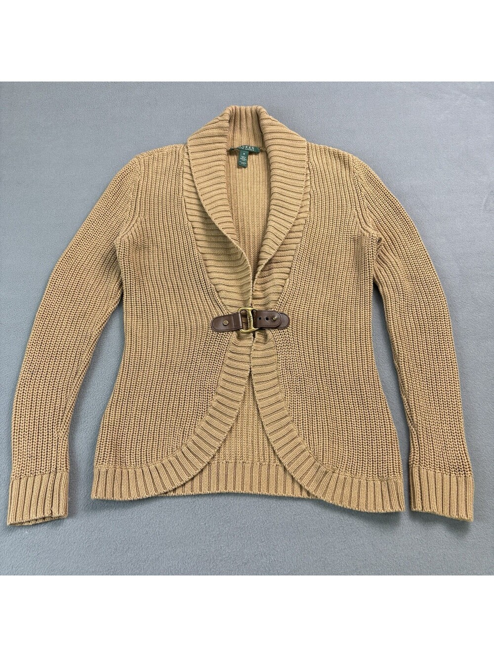 Lauren Ralph Lauren Buckle Knit Cardigan Sweater Women’s Size Medium Tan